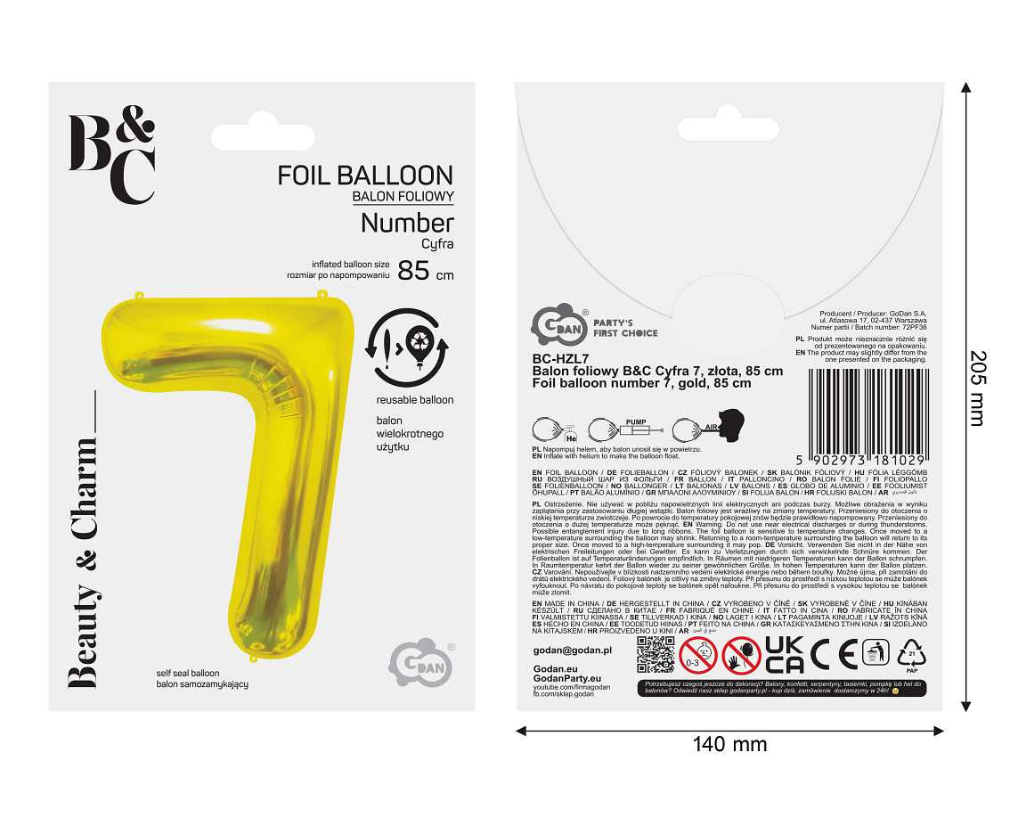 Foil Balloon B&C Number 7, Gold, 85 cm